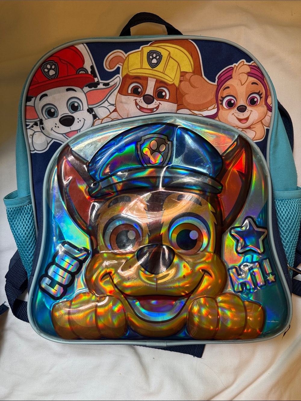 Paw Patrol Holographic Chase Backpack and lunchbox with Blue Trim